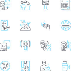 Workplace linear icons set. Office, Cubicle, Colleagues, Collaboration, Productivity, Desk, Breakroom line vector and concept signs. Zoom,Meeting,Commute outline illustrations