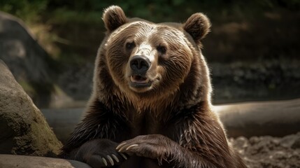 Obraz na płótnie Canvas Brown bear with smile and paws ready. AI generated