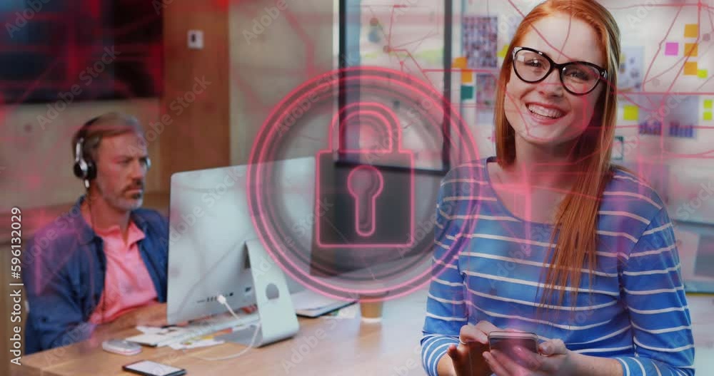 Poster animation of padlock in circles and navigation pattern over caucasian woman using smartphone