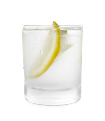 Glass of vodka with lemon isolated on white