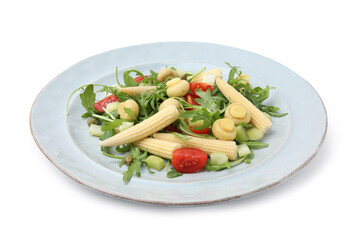 Tasty baby corn with vegetables, arugula and mushrooms isolated on white