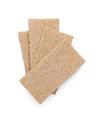 Fresh crunchy rye crispbreads on white background, top view. Space for text