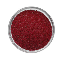 Obraz na płótnie Canvas Glass bowl with dark red food coloring isolated on white, top view