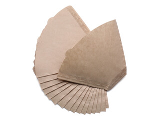 Paper coffee filters isolated on white, top view