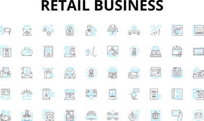 Retail business linear icons set. Inventory, Sales, Customer, Marketing, E-commerce, Loyalty, Advertising vector symbols and line concept signs. Display,Merchandise,Promotion illustration