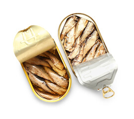 Opened tin cans with sprats in oil isolated on white background
