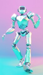 Fototapeta na wymiar Cyborg with glossy metallic skin on a pastel colored background. Full body futuristic robot artificial intelligence concept. Dreamy colorful creative vibe aesthetics. Generative AI.