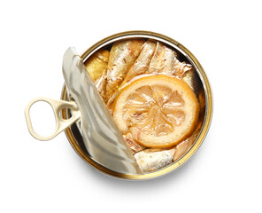 Opened tin can with sprats in oil isolated on white background