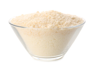 Bowl with tasty grated Parmesan cheese on white background, closeup