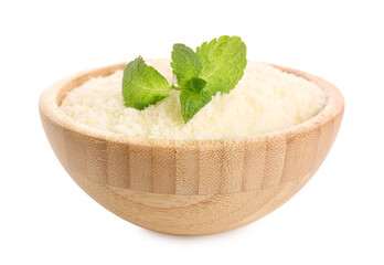 Bowl with tasty grated Parmesan cheese on white background, closeup