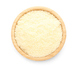 Bowl with tasty grated Parmesan cheese on white background