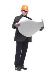 side view. architect in a protective helmet looking ahead