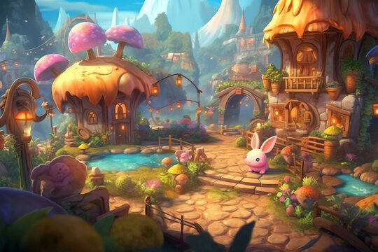 Candy-Coated Wonderland: A Fantasy Village with Colorful Buildings and Plants - Generative AI
