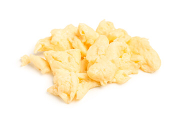 Tasty scrambled eggs on white background