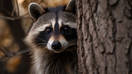Obraz premium Curious raccoon peering out from behind tree. AI generated