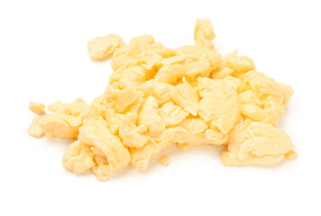 Tasty scrambled eggs on white background