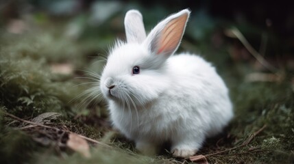 Fototapeta premium Fluffy white bunny with long ears. AI generated