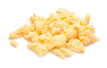 Tasty scrambled eggs on white background