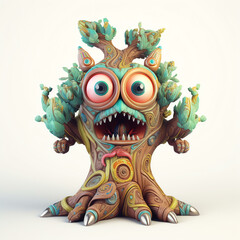 Cartoon 3D Expressive Character Design of a Polychrome Monster Tree using Generative AI
