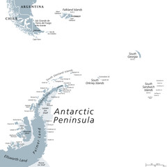 Antarctic Peninsula area, gray political map. From southern Patagonia and Falkland Islands, to South Georgia, and the South Sandwich Islands, and to South Orkney Islands, and  Antarctic Peninsula. - obrazy, fototapety, plakaty