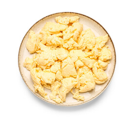 Plate of delicious scrambled eggs isolated on white background