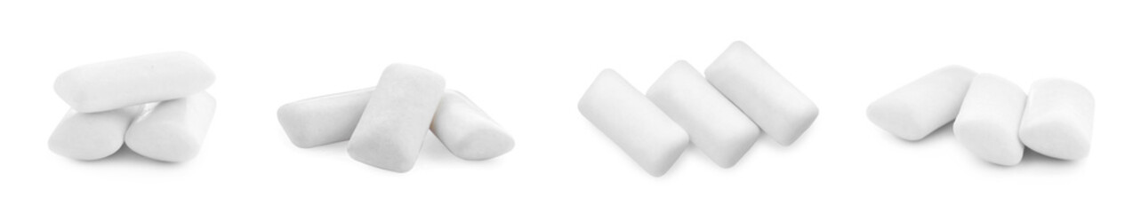 Collage with chewing gum pads on white background