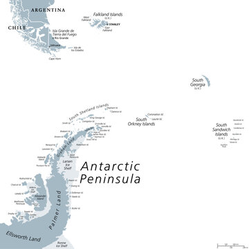 Antarctic Peninsula area, gray political map. From southern Patagonia and Falkland Islands, to South Georgia, and the South Sandwich Islands, and to South Orkney Islands, and  Antarctic Peninsula.