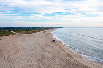 Aerial View of Trucks on the Beach in Cape Hatteras Looking North Towards Buxton North Carolina