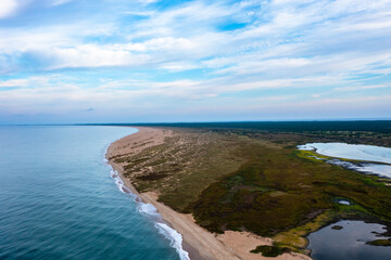 Aerial View of Undeveloped Beach and Tidal Marshland on Cape Hatteras Island in North Carolina