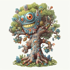 Cartoon 3D Polychrome Sculpture of a Cartoon Monster Tree with Generative AI
