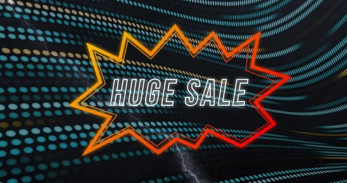 Animation of huge sale text in speech bubble over dots moving in wave pattern