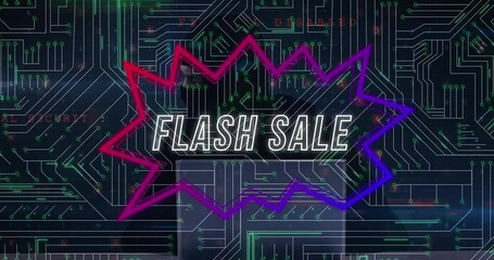 Animation of flash sale text in speech bubble, circuit board pattern, masked hacker hacking laptop - Powered by Adobe