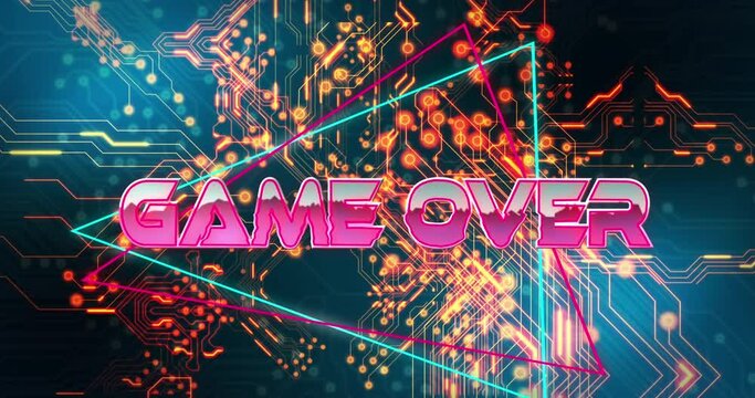 Animation of game over text on triangles, illuminated circuit board pattern against blue background