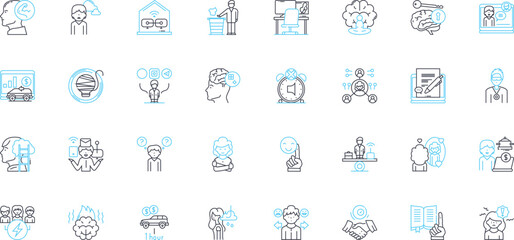 Work efficiency linear icons set. Productivity, Time-management, Multitasking, Focus, Organization, Prioritization, Streamlining line vector and concept signs. Innovation,Effectiveness,Expediency
