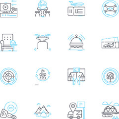 Inn linear icons set. Cozy, Comfortable, Charming, Serene, Welcoming, Relaxing, Rustic line vector and concept signs. Quaint,Intimate,Picturesque outline illustrations