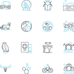 Obraz premium Rural retreat linear icons set. Serene, Peaceful, Tranquil, Relaxing, Scenic, Secluded, Cozy line vector and concept signs. Comfortable,Calming,Rustic outline illustrations