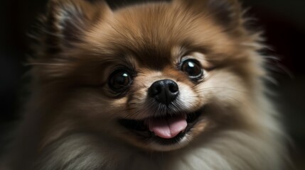 Cute Pomeranian dog face close-up. AI generated