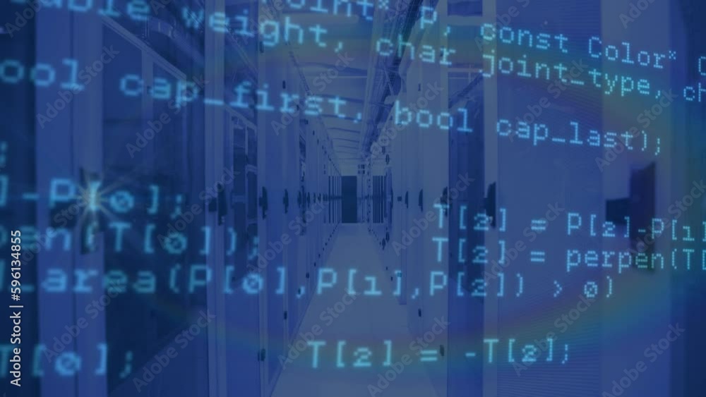 Poster animation of computer language over moving lens flare against server room in background