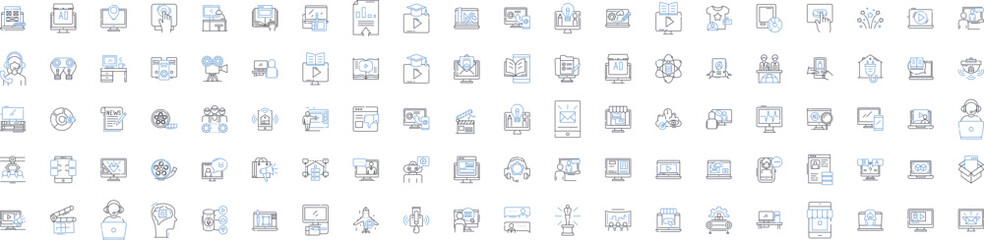 Digital devices line icons collection. Smartph, Tablet, Laptop, Desktop, Camera, Smartwatch, Headset vector and linear illustration. Microph,Speaker,Charger outline signs set