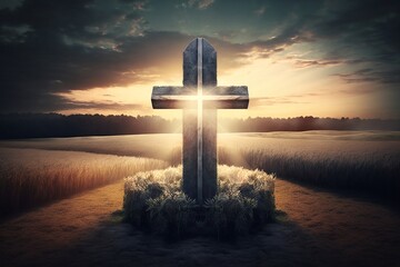 a cross in the middle of a field at sunset Generative AI
