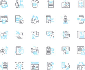 Buy things linear icons set. Purchase, Buy, Shop, Acquire, Obtain, Invest, Procure line vector and concept signs. Get,Own,Grab outline illustrations