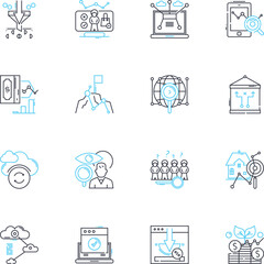 Social media linear icons set. Nerking, Connection, Interaction, Community, Communication, Engagement, Sharing line vector and concept signs. Virality,Influence,Branding outline illustrations