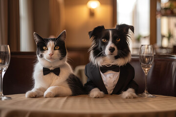 Fototapeta na wymiar cat and dog fine dining