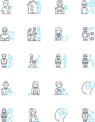 Sociology linear icons set. Culture, Identity, Inequality, Norms, Power, Class, Race line vector and concept signs. Gender,Socialization,Discrimination outline illustrations