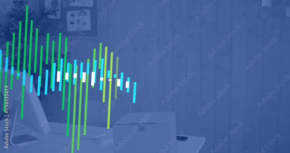 Poster animation of multicolored graphs over empty chair, cardboard box and desktop on desk at office