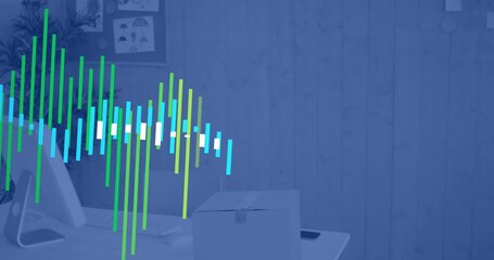 Animation of multicolored graphs over empty chair, cardboard box and desktop on desk at office - Powered by Adobe