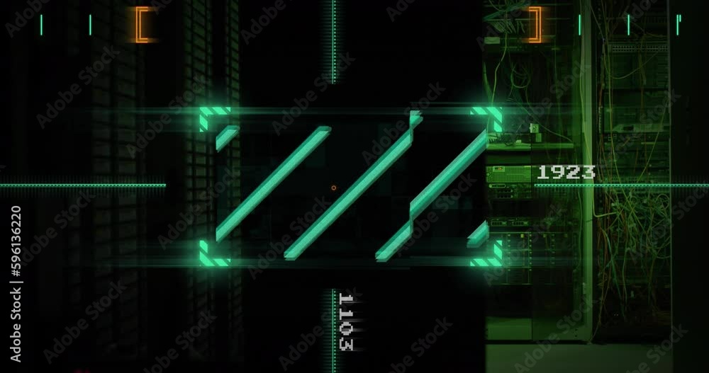 Poster animation of lines in viewfinder with changing numbers over illuminated server rack in server room