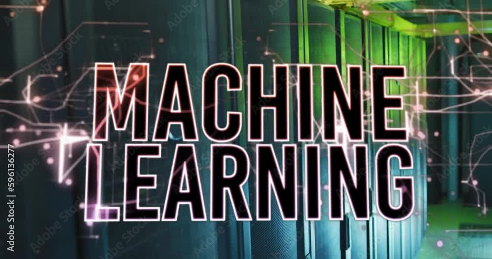 Poster animation of machine learning text over illuminated abstract patterns over server room