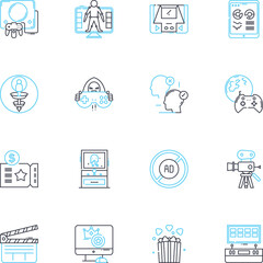 Vodcasting linear icons set. Digital, Broadcasting, Video, Podcasting, Online, Content, Editing line vector and concept signs. Streamlined,Portable,Multimedia outline illustrations