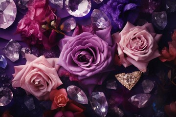 Purple floral background with roses and gemstones. Printable digital artwork. Generative AI
